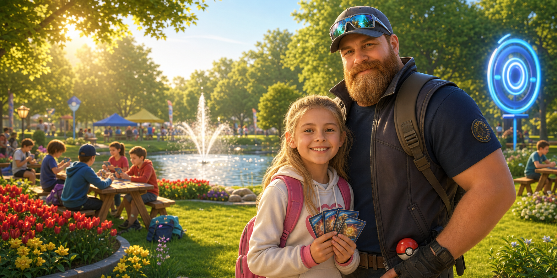 Lifelike trainer-style artwork of Crash and Lilly at a sunny family trading-card event.